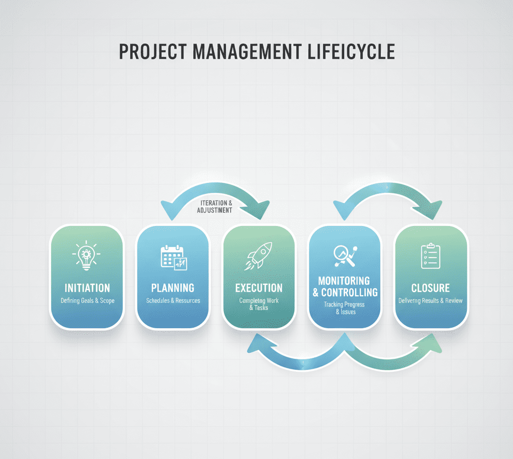 Flowchart of 5 stages of project management - engineer adeel arif