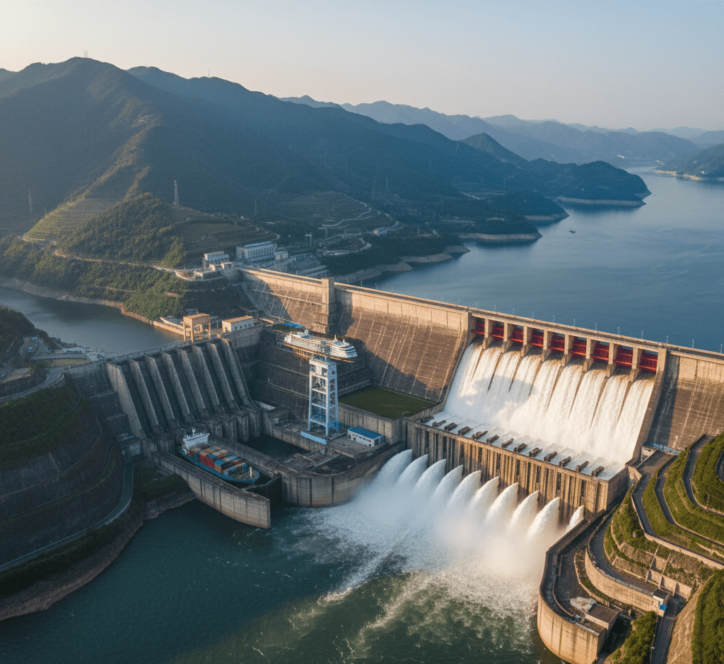 Panoramic view of the Three Gorges Dam and its ship lift on the Yangtze River in China, showcasing its massive scale and hydropower capacity Engineer Adeel Arif