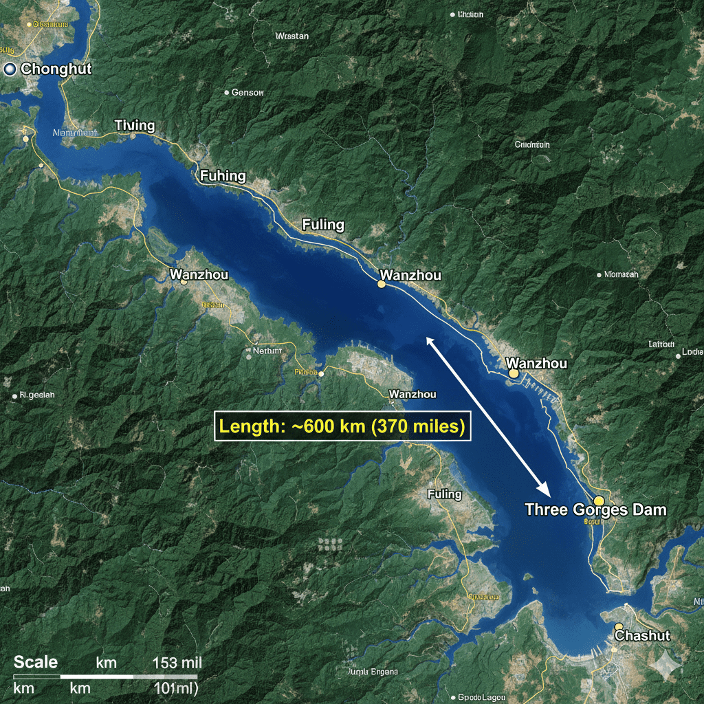 Engineer Adeel Arif - Map showing the reservoir area and scale of the Three Gorges Dam length and capacity